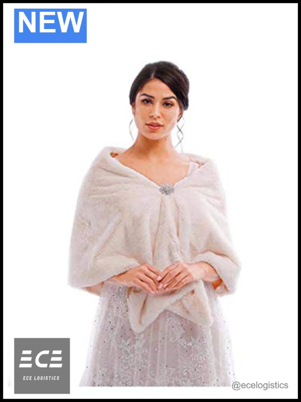 Faux Fur Shawl Wrap Bridal Wedding Scarf Stole with Brooch Satin Lined